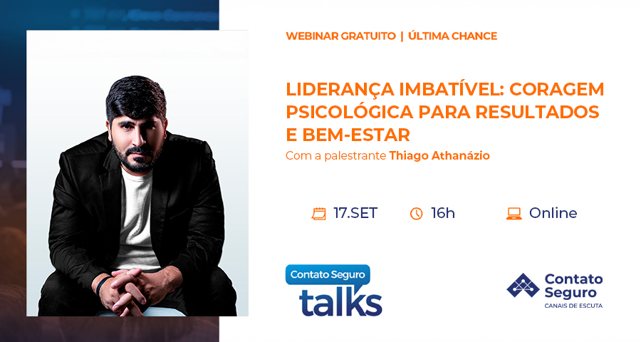 Banner de divulgação do evento Contato Seguro Talks destacando o tema Liderança Imbatível e a presença do palestrante Thiago Athanázio.