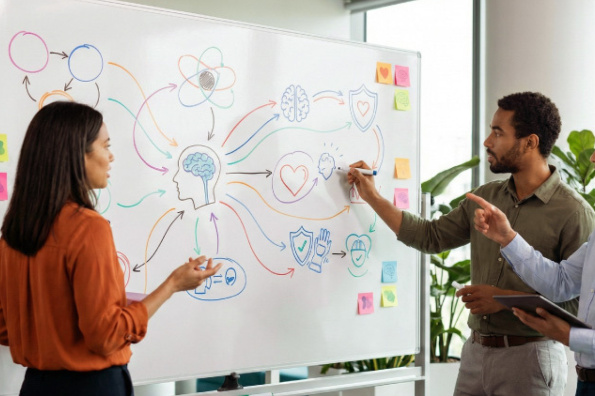 A imagem mostra um grupo de profissionais em um ambiente corporativo, reunidos em frente a um quadro branco durante uma sessão colaborativa falando sobre saude mental nas empresas.