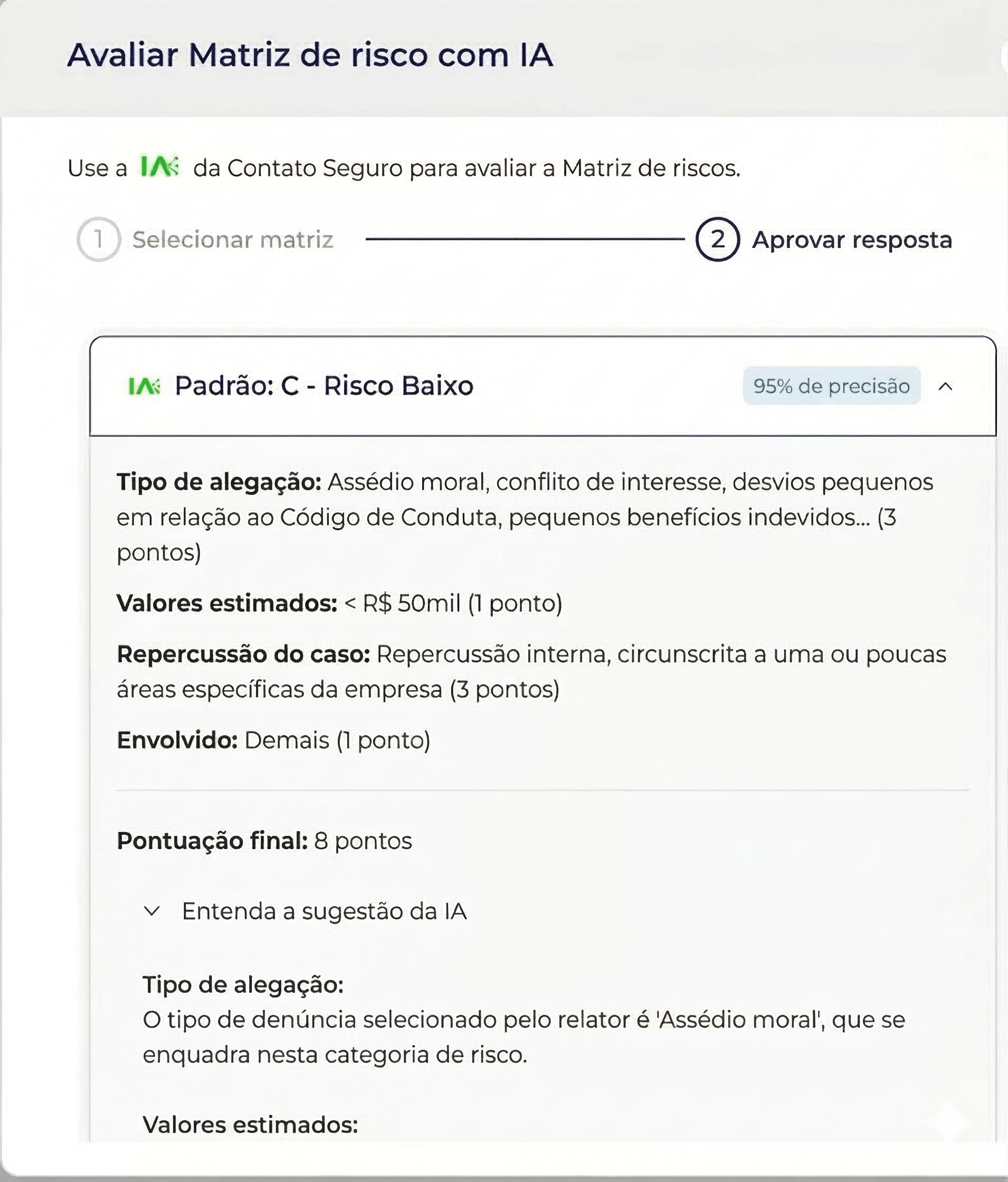 Esta imagem é uma captura de tela (screenshot) de uma interface de software de compliance ou gestão de ética, especificamente focada no uso de Inteligência Artificial para análise de riscos.