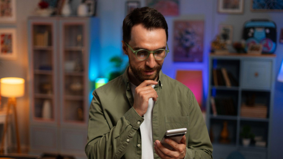 A imagem mostra um homem em primeiro plano utilizando um smartphone em um ambiente aconchegante e bem iluminado.