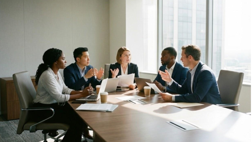 A imagem mostra uma reunião corporativa acontecendo em uma sala moderna e bem iluminada por grandes janelas laterais. Cinco profissionais estão sentados ao redor de uma mesa de madeira, envolvidos em uma conversa ativa.