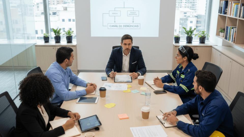 A imagem mostra uma reunião corporativa acontecendo em uma sala de escritório moderna, com cinco pessoas sentadas ao redor de uma mesa de reunião.