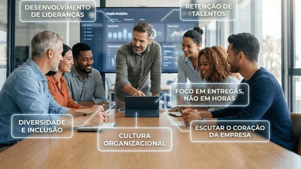 Esta imagem apresenta um cenário corporativo moderno, focando no desenvolvimento humano e na gestão estratégica.