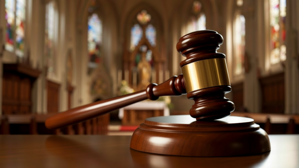 A imagem simboliza o conceito de compliance, conformidade jurídica ou direito canónico no contexto da Igreja Católica, combinando elementos de justiça e religião.