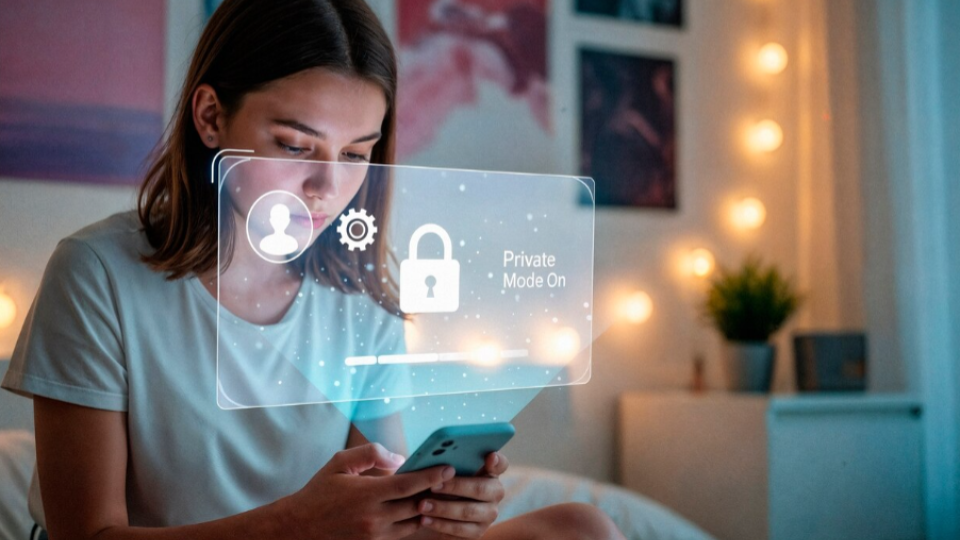 A imagem ilustra um conceito focado em privacidade digital, segurança cibernética e o uso seguro de dispositivos móveis por jovens.
