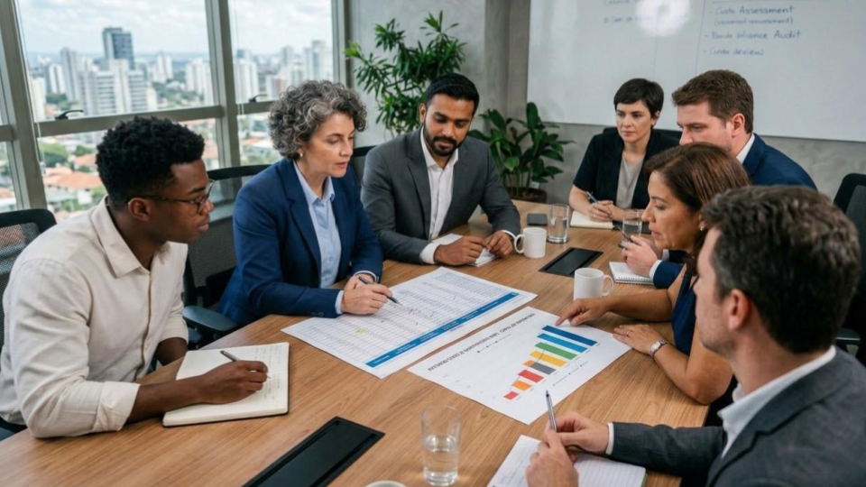 Esta imagem retrata uma reunião de negócios estratégica em um ambiente corporativo moderno e diverso.