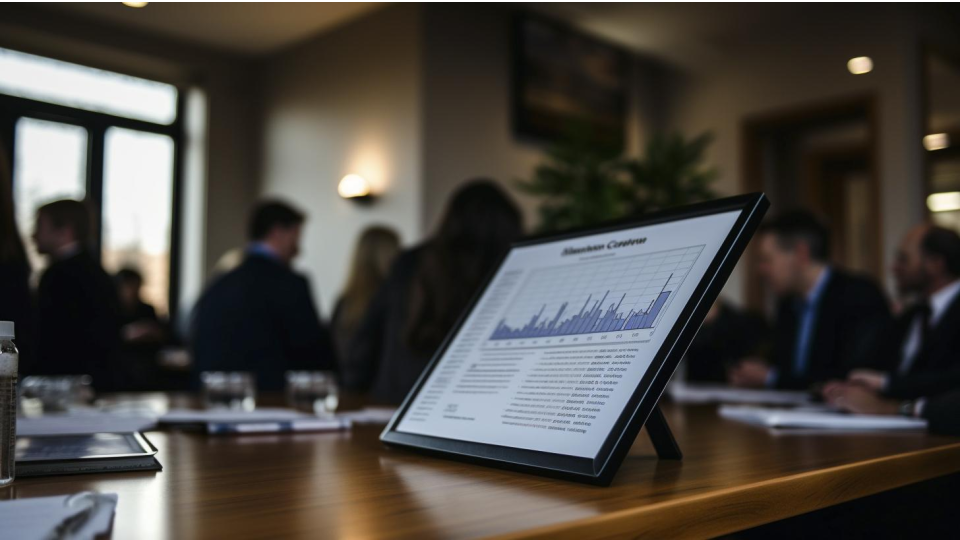 etrata uma sala de reuniões corporativa ou um evento de alto nível, com foco principal em um display digital de mesa que exibe dados e gráficos.