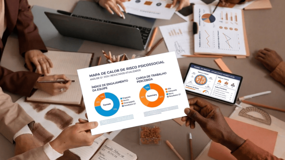 O Gemini disse
Esta imagem apresenta uma visão aérea de uma mesa de trabalho durante uma reunião estratégica, com foco especial na saúde mental e bem-estar corporativo.