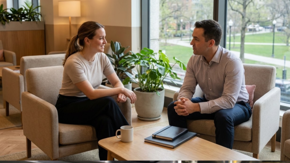 Esta imagem captura uma cena de interação profissional em um ambiente moderno e acolhedor.