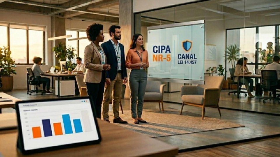 Esta imagem retrata um ambiente de escritório moderno e dinâmico, com foco em temas de segurança do trabalho e conformidade legal. A cena é bem iluminada e organizada, transmitindo uma sensação de profissionalismo e modernidade.