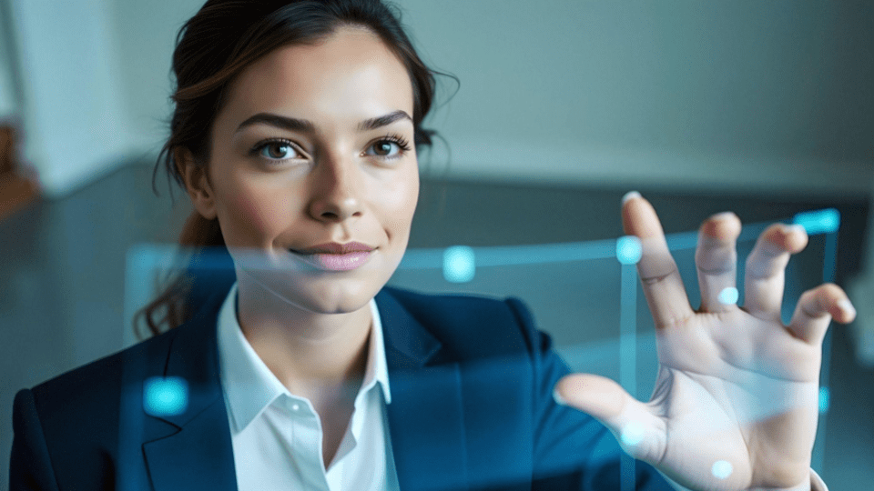A imagem mostra uma mulher profissional em um ambiente corporativo moderno, interagindo com uma interface digital transparente, semelhante a um painel holográfico ou tela touch futurista.