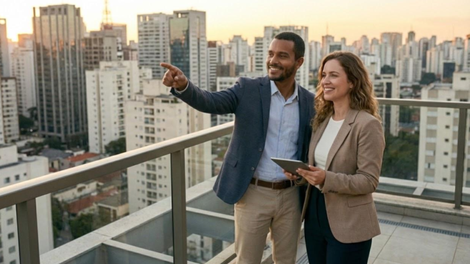 Esta imagem apresenta dois profissionais em uma sacada de um prédio alto, com uma vasta paisagem urbana ao fundo durante o que parece ser o nascer ou o pôr do sol.