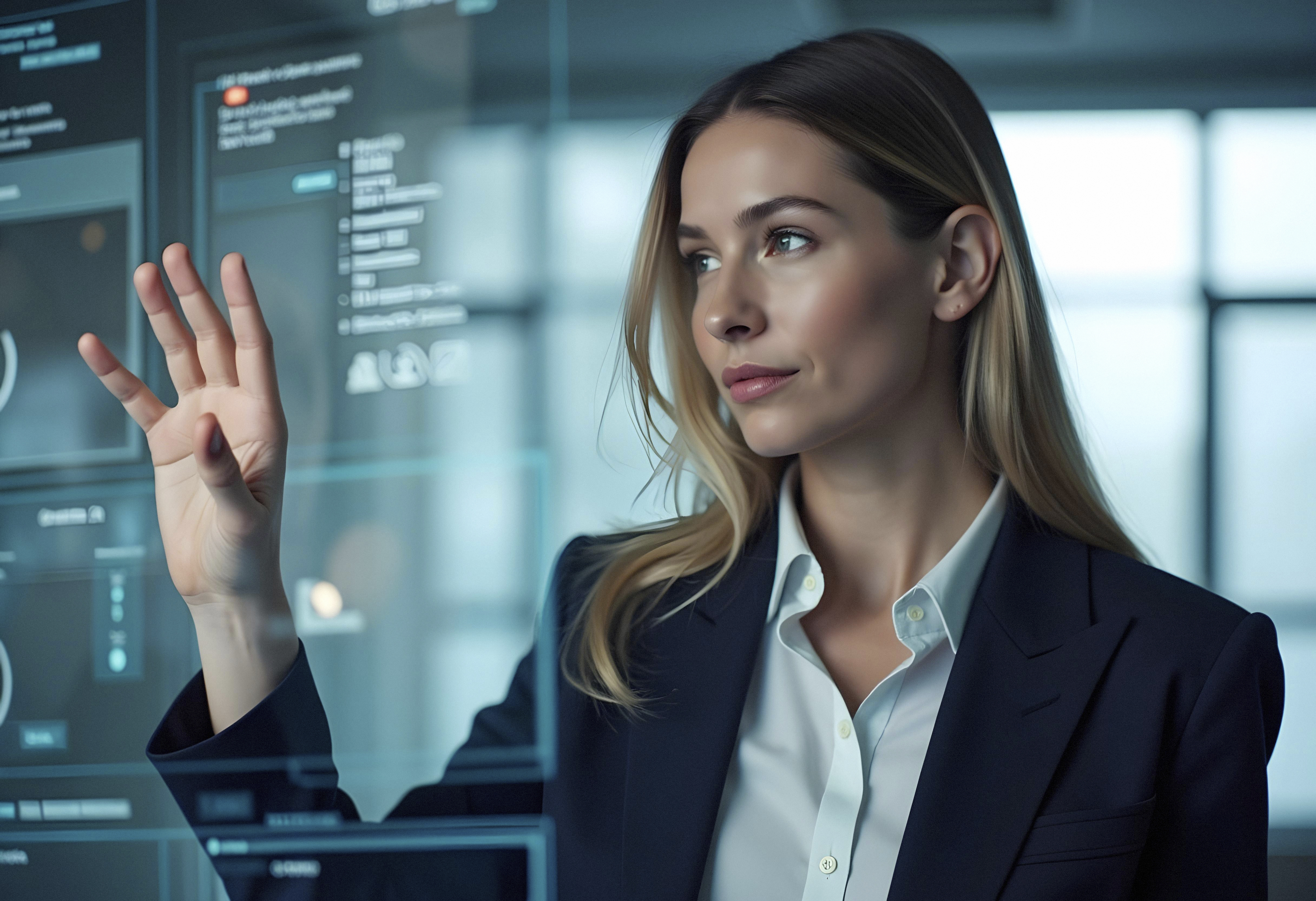 A imagem mostra uma mulher concentrada e confiante, sugerindo tomada de decisões ou análise de dados.