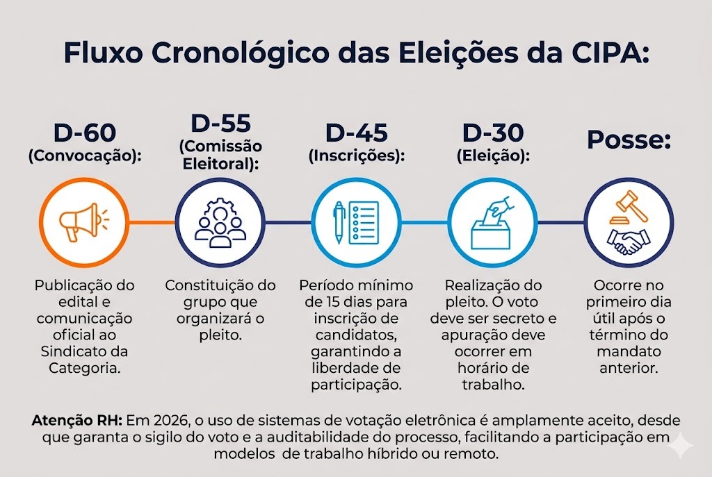 Esta imagem apresenta um Fluxo Cronológico das Eleições da CIPA, servindo como um guia passo a passo para o cumprimento dos prazos legais estabelecidos pela NR-5.