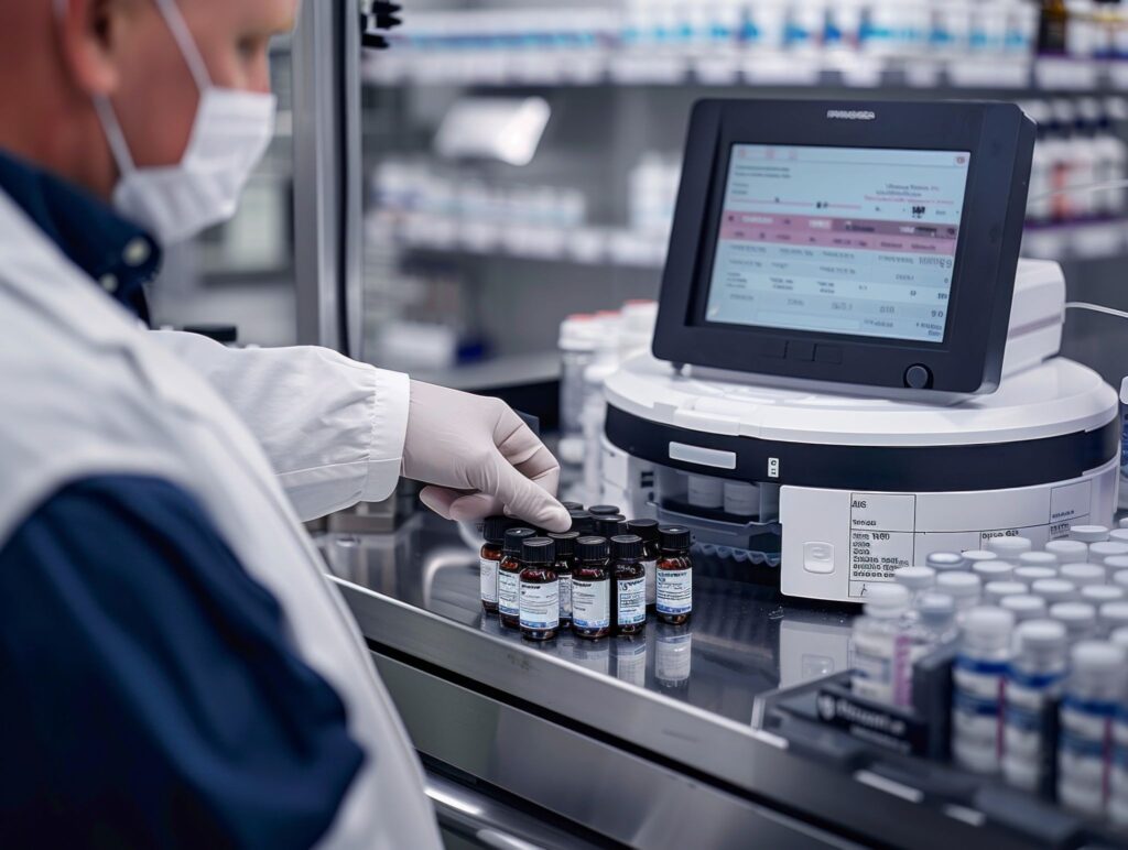 Profissional trabalhando em um laboratório da indústria farmacêutica, representando a importância da conformidade, da ética e do rigor técnico no setor de saúde.