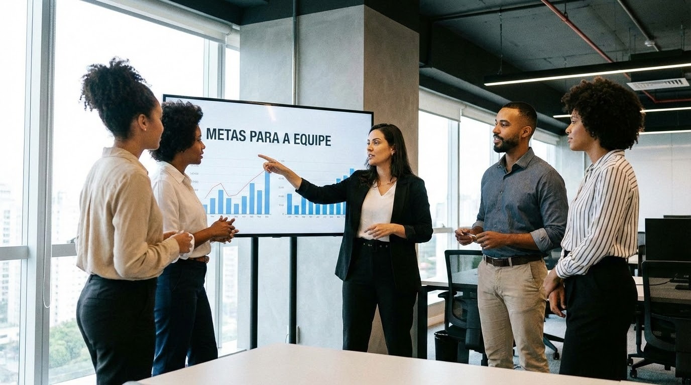 Imagem retrata um grupo de pessoas em uma sala de reuniões de RH falando sobre metas para a equipe