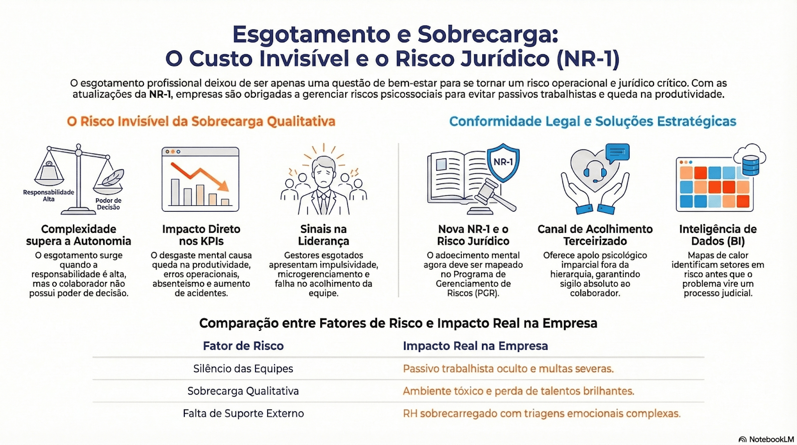 A imagem é um infográfico corporativo sobre riscos de esgotamento profissional nas empresas, com foco em impacto operacional, jurídico e soluções estratégicas relacionadas à NR-1 (riscos psicossociais).