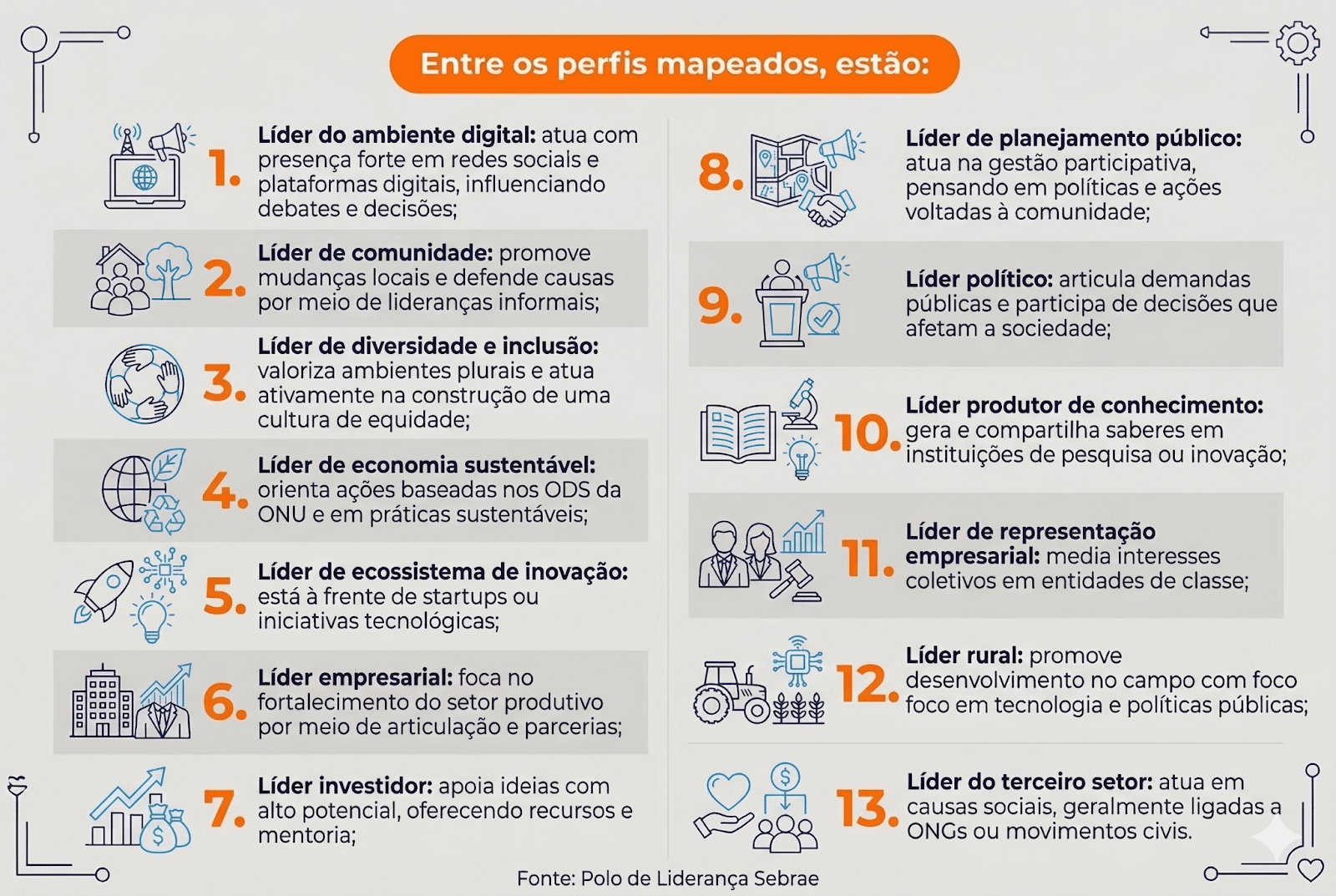 Esta imagem é um infográfico informativo intitulado "Entre os perfis mapeados, estão:", com fonte atribuída ao Polo de Liderança Sebrae. Ele utiliza uma estrutura de lista numerada, dividida em duas colunas, para descrever 13 diferentes perfis de liderança.