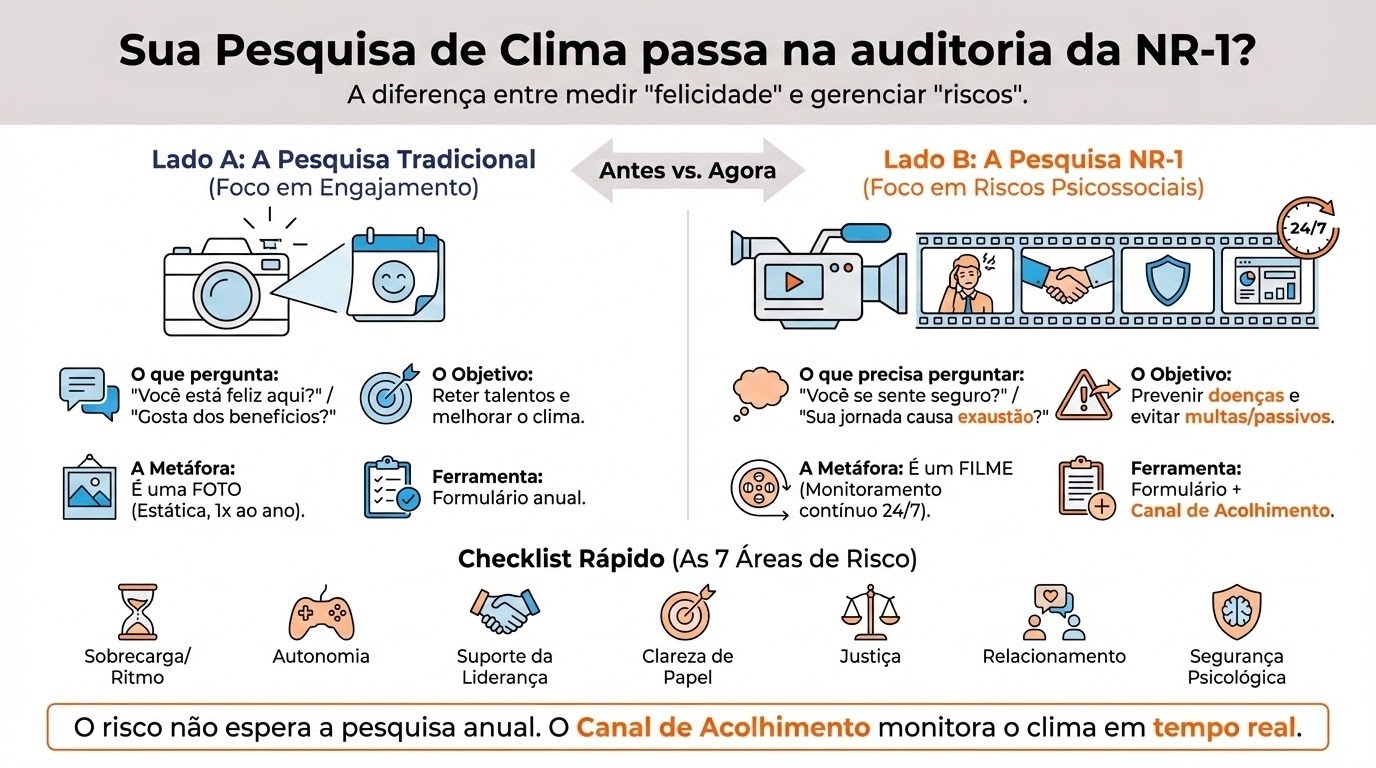 A imagem é um infográfico comparativo sobre Pesquisa de Clima Organizacional e sua relação com a NR-1, destacando a diferença entre medir engajamento e gerenciar riscos psicossociais.