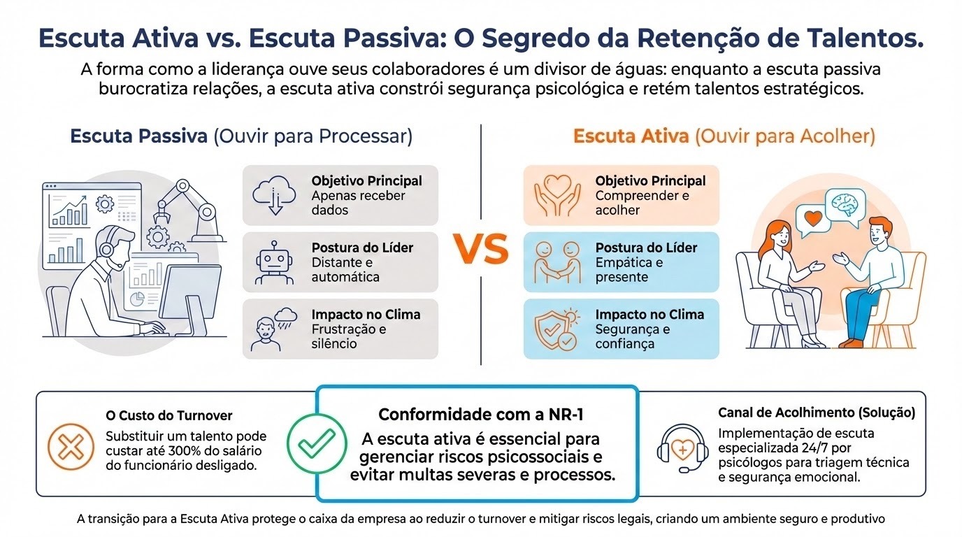 A imagem é um infográfico comparativo sobre estilos de comunicação na liderança, intitulado “Escuta Ativa vs. Escuta Passiva: O Segredo da Retenção de Talentos.”. O design usa cores neutras com destaques em azul e laranja e apresenta duas colunas que comparam os dois tipos de escuta.