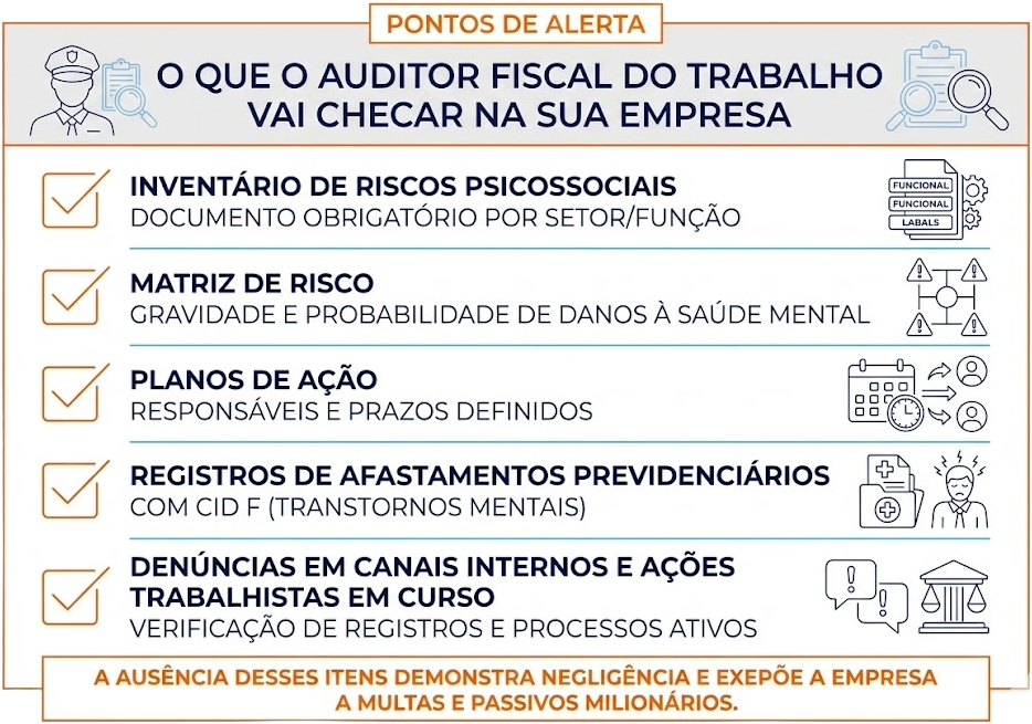 Esta imagem é um infográfico informativo com foco em compliance trabalhista e saúde mental, listando os pontos críticos que um Auditor Fiscal do Trabalho analisa em uma inspeção. O design é estruturado como um checklist, utilizando ícones explicativos e um tom de alerta.