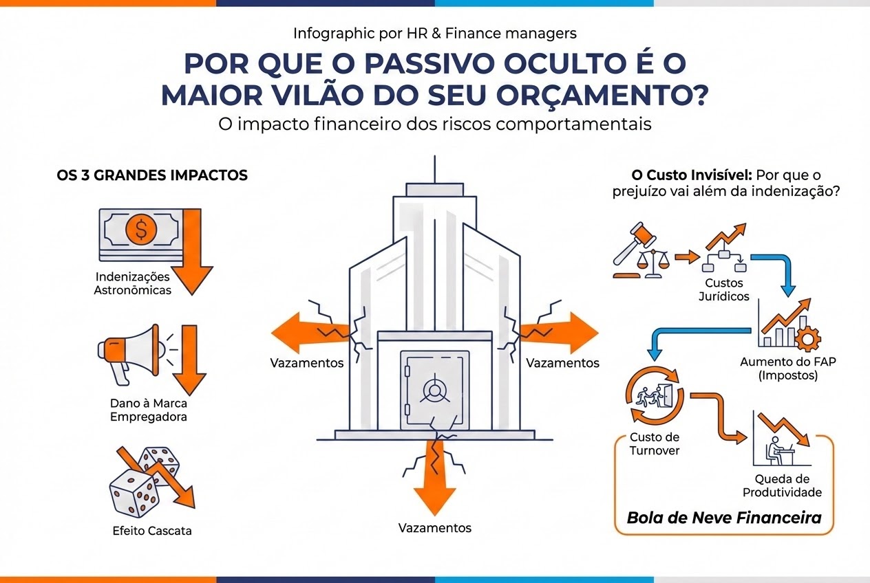 A imagem é um infográfico corporativo, voltado para gestores de RH e Finanças, com linguagem visual didática e profissional.